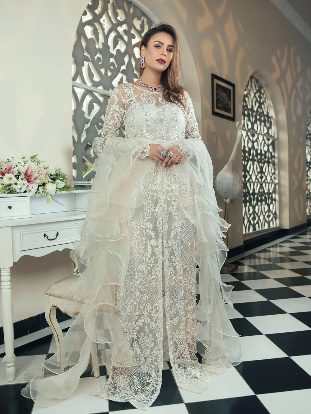 Kanwal Malik snowdrop formal wedding guest dress with pants and dubatta